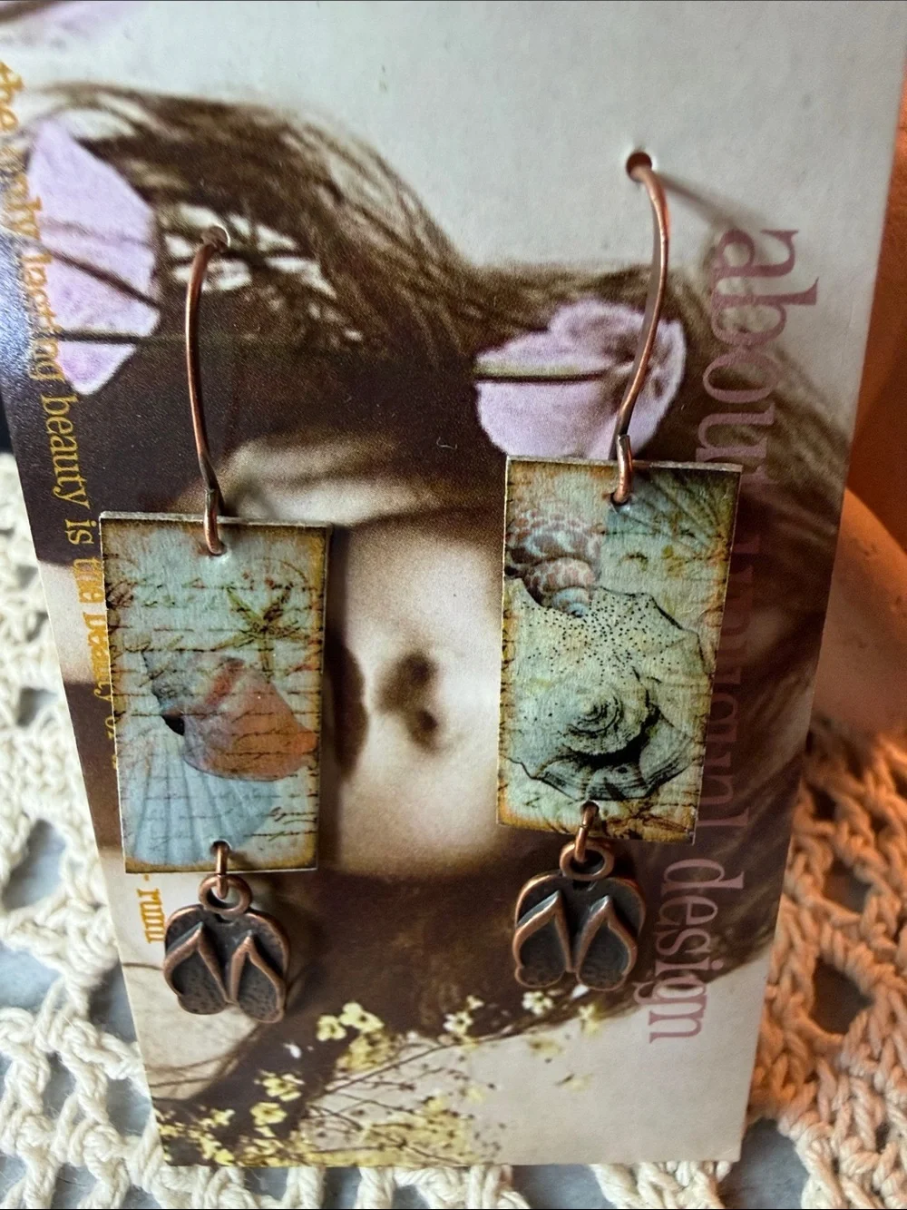 Handmade Sea Shell Print Drop artboard Earrings in Aqua and Copper